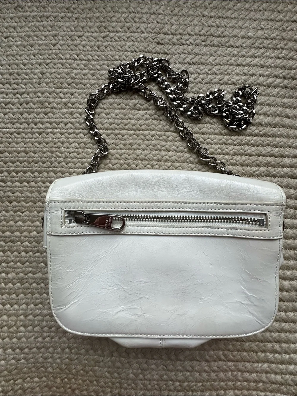 Badgley Mischka White Leather Crossbody with Silver Chain